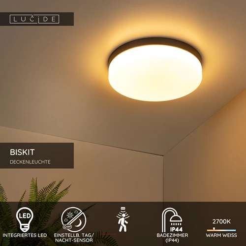 Lucide BISKIT - Deckenleuchte Badezimmer - Ø 34,5 cm - LED - 1x24W 2700K - IP44 - Bewegungssensor - Schwarz - USP